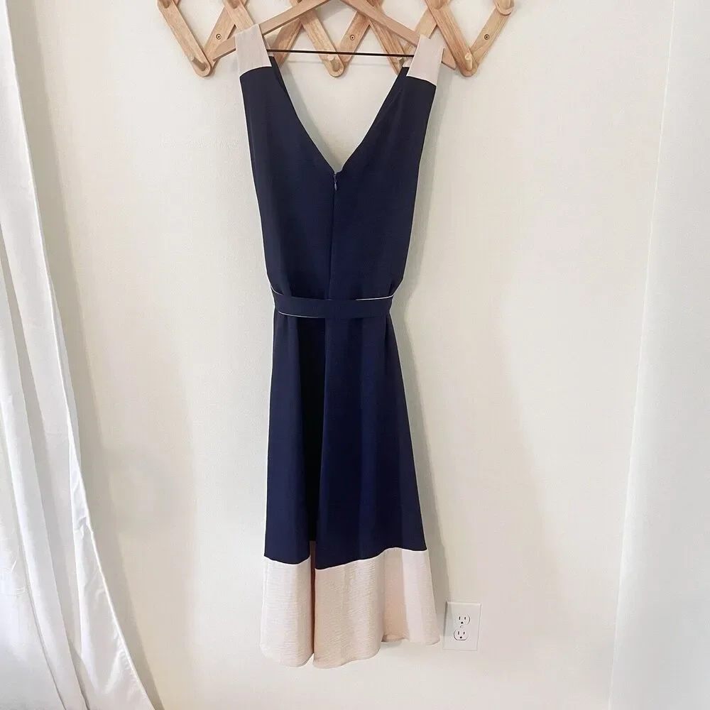 DKNY Colorblocked Belted Faux-Wrap Dress Navy Beige Size 16 - Picture 6 of 10